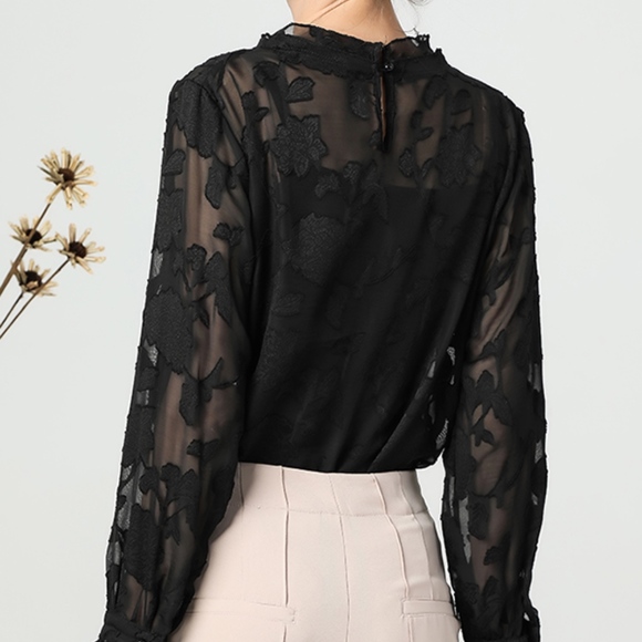 NWT Black Ruffled Trim Semi-Sheer Chiffon Blouse - Picture 2 of 3